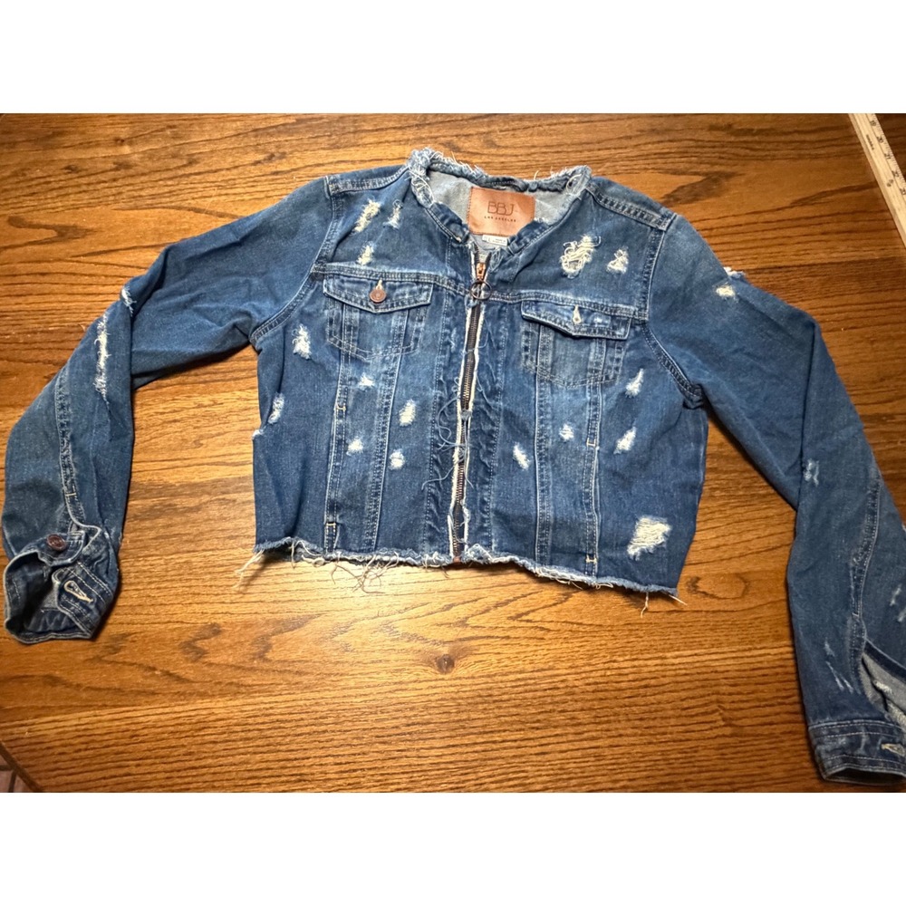 BBJ Los Angeles Womens Distressed Denim Jacket Blue Zip Up Cropped Raw Hem L